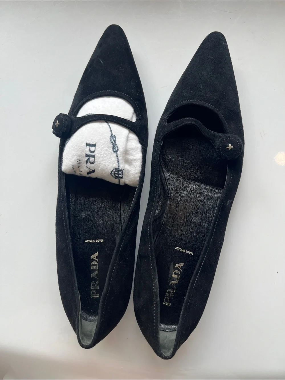 Prada Black Suede Pointed-Toe Mary Jane Flats - Picture 2 of 11